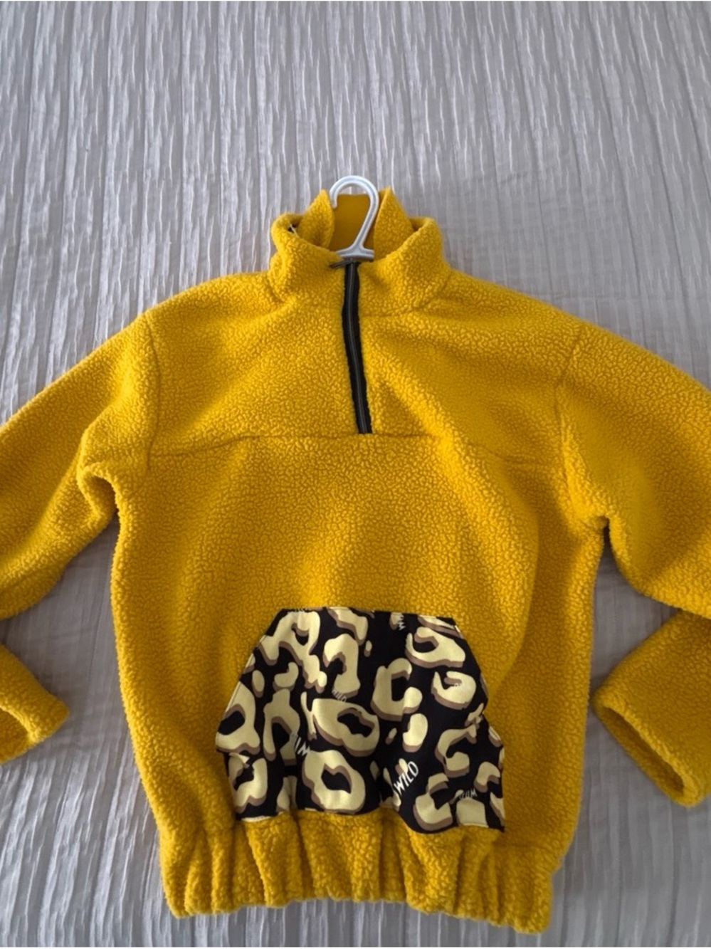 Vintage Yellow Sherpa Pullover Jacket with Leopard Pocket. Size: Small/Medium